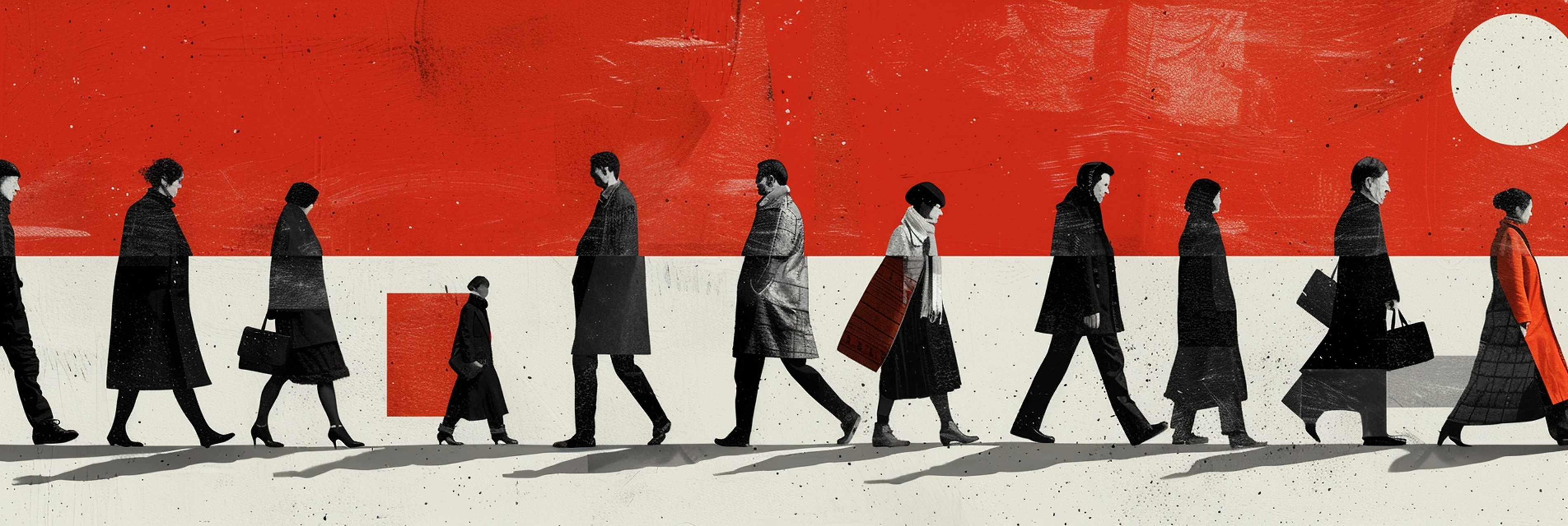 Collage Bauhaus de silhouettes en marche sur fond rouge